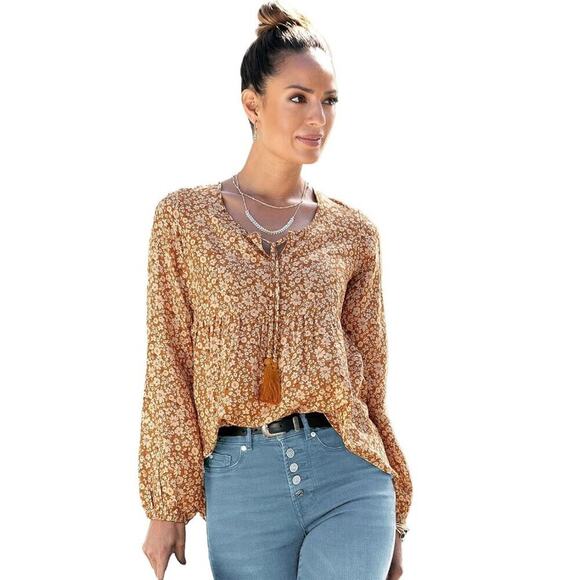 Lascana Tops - 2/$30 Lascana Floral Tassel Lightweight Blouse Long Sleeve Brown 4 #A0204 TRB2